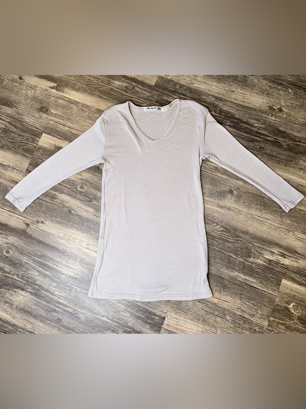Michael Stars V Neck Tunic Top OS One Size Light Gray Shimmer Knit Long Sleeve